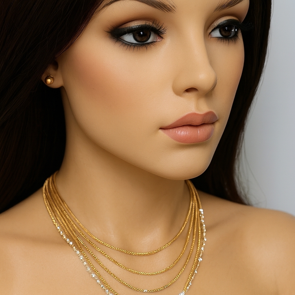 Multi-Strand Gold & Silver Dual-Tone Necklace with Matching Gold Stud Earrings
